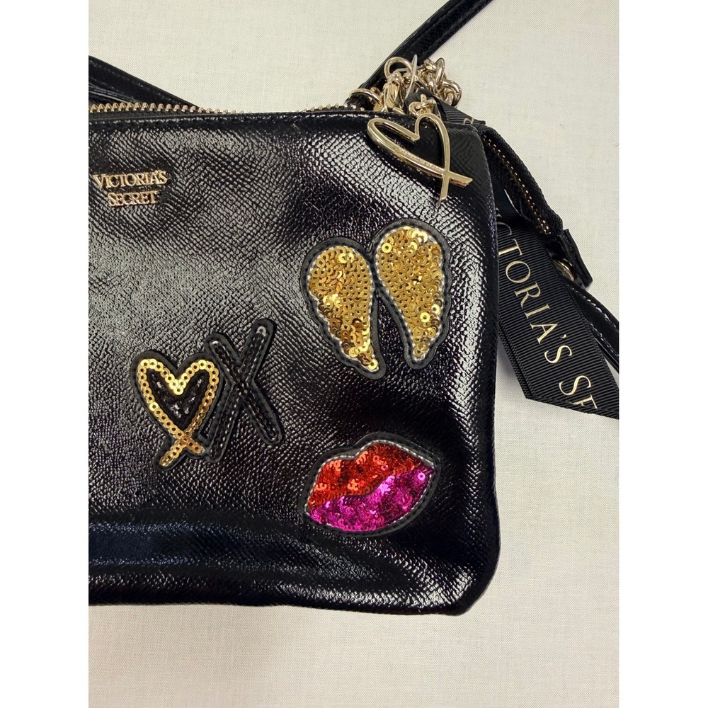 Victorias Secret Black Sequin Patch Crossbody Bag Triple Zip Triple Compartment